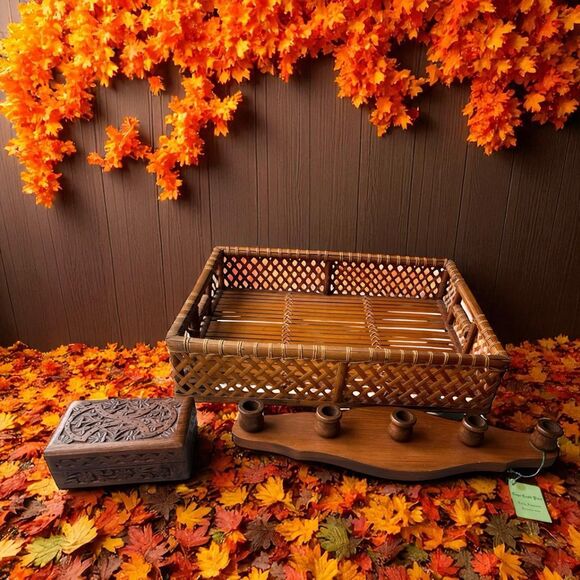 Vintage Wood & Woven Home Decor Lot – Basket, Candle Holder, Carved Box - Picture 1 of 8